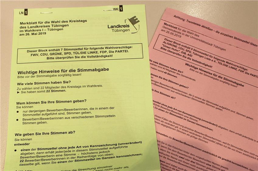 Das sind Stimmzettel für die Kommunalwahlen 2019: rot für die Gemeinderatswahl, grün für die Kreistagswahl. Bild: Angelika Brieschke
