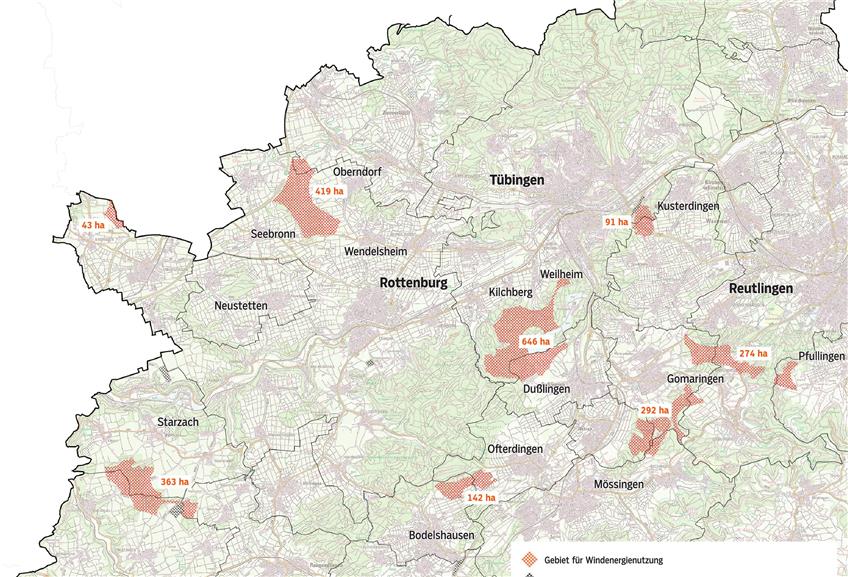 Das sind die Vorrangstandorte für Windenergie und Solarenergie für den Kreis Tübingen, Ausschnitt aus der Karte des Regionalverbandes Neckar-Alb. Archivbild: Uhland 2 / Quelle: Regionalverband