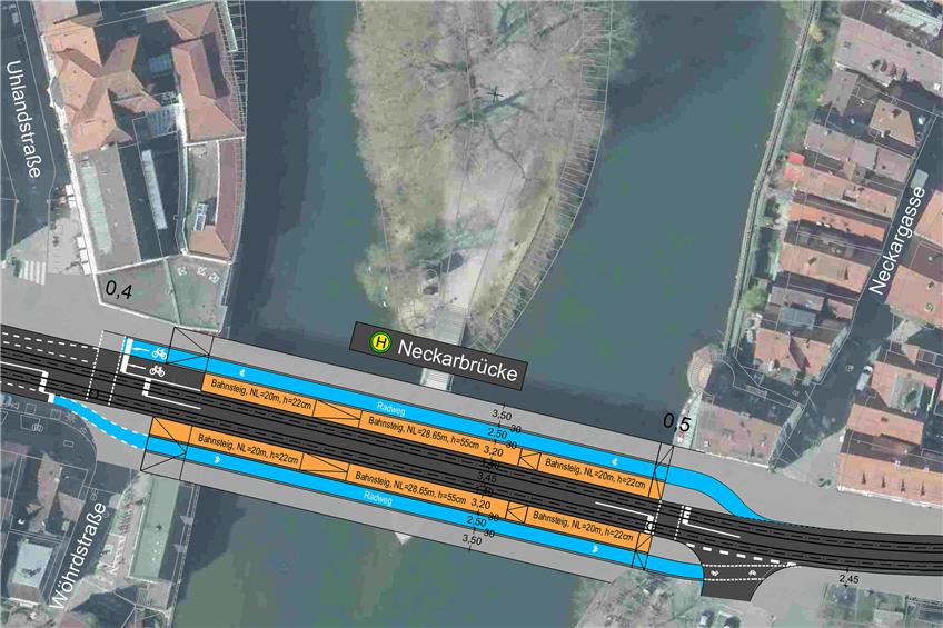 Die Tübinger Innenstadtstrecke soll über die Neckarbrücke und durch die Mühlstraße verlaufen. Grafik: Mailänder Consult