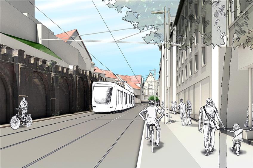 Die Tübinger Mühlstraße in einer eventuellen Zukunft: mit Stadtbahn. Abbildung: Stadt
