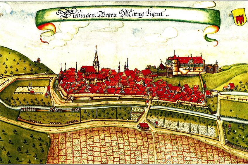Eine Stadtansicht Tübingens aus dem Jahr 1683 von Norden her betrachtet – aus den Ortsansichten des Forstkartenwerks von Andreas Kieser. Bild: Archäologischer Stadtkataster Tübingen