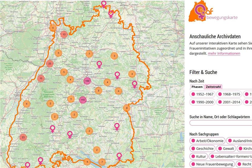 So sieht die Online-Bewegungskarte von Baf aus: Viele Kreise in orange und lila auf einer Baden-Württemberg-Karte, hinter denen sich Archivdaten zu den unterschiedlichsten Fraueninitiativen aus dem Land finden. Screenshot: Baf