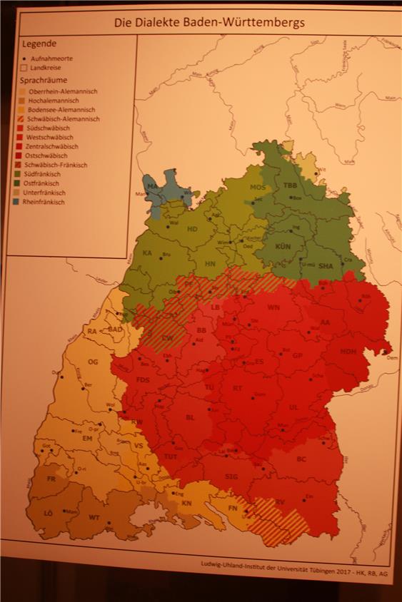 Von Oberrhein-Alemannisch über Zentralschwäbisch bis zu Rheinfränkisch – auf dieser Sprachkarte sind alle 13 Dialekte Baden-Württembergs versammelt.Bild: Brieschke
