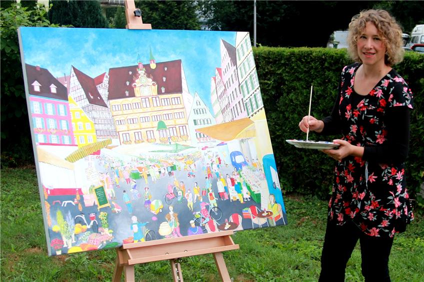 Wenn Maria Bauer den Tübinger Marktplatz mit Acrylfarben auf die Leinwand bringt, orientiert sich die Malerin auch an den Bildern ihres fotografischen Gedächtnisses. Bilder: Stefan Zibulla